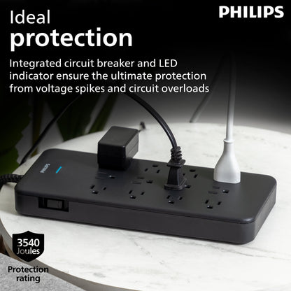 Philips Surge Protector Power Strip, 12 Outlet (Wide Spaced), 3500 Joules, Braided Cord, 6ft, Black