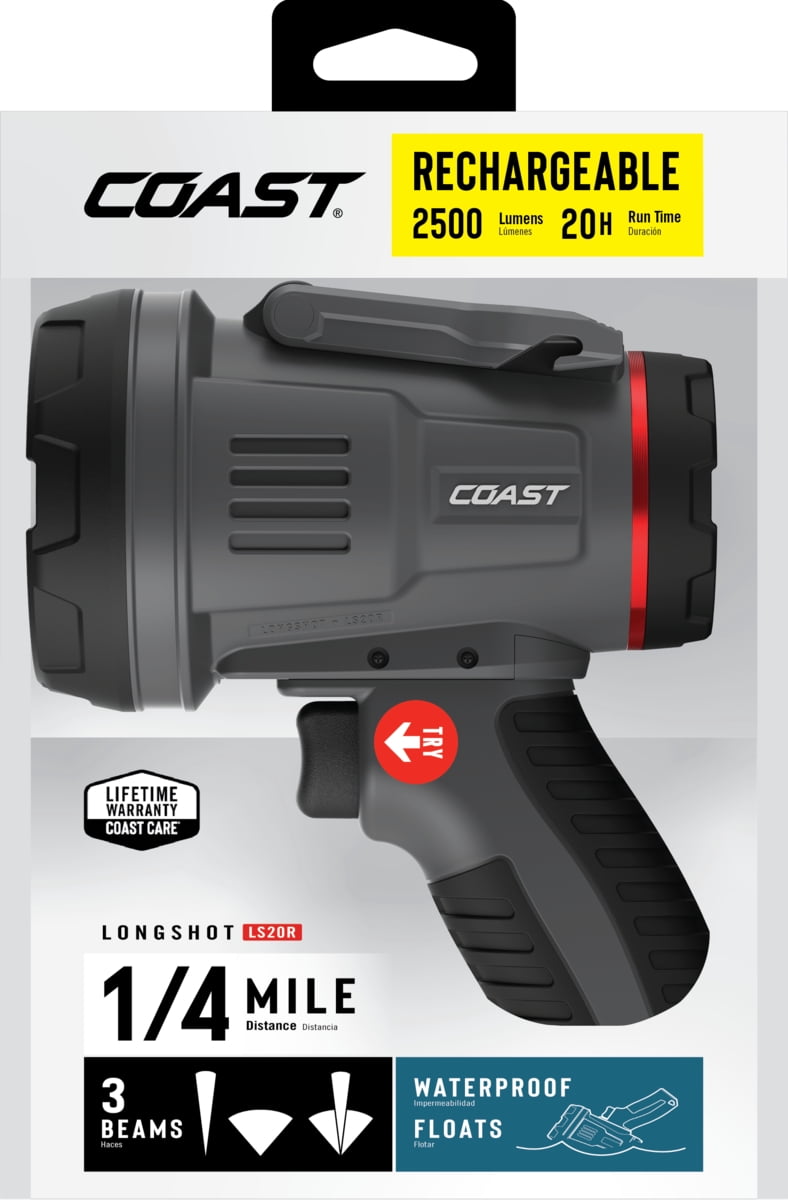 Coast LS20R 2500 Lumen Rechargeable LED Spotlight, 1/4 Mile Beam Distance, SOS Mode, IP67 Waterproof