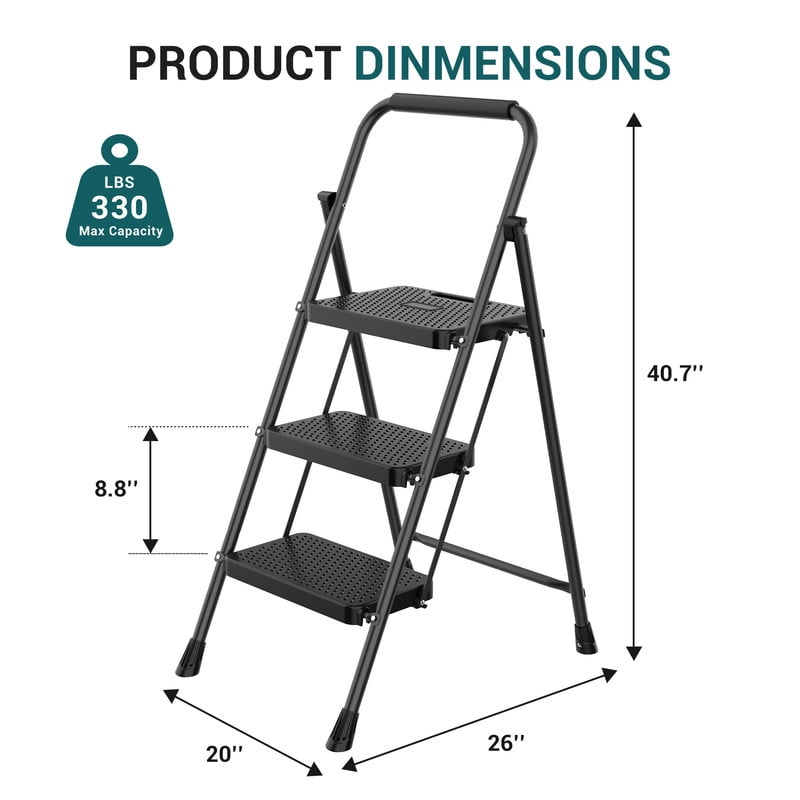 CONCETTA 3 Step Ladder, Folding Steel Step Stool with Wide Non-Slip Pedals, Safety Lock and Hand Grip, 330 lb Capacity, Portable Ladder for Home, Kitchen and Garage,Black