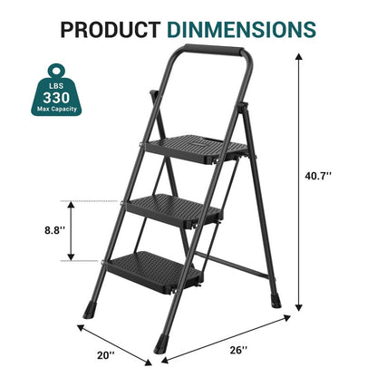 CONCETTA 3 Step Ladder, Folding Steel Step Stool with Wide Non-Slip Pedals, Safety Lock and Hand Grip, 330 lb Capacity, Portable Ladder for Home, Kitchen and Garage,Black