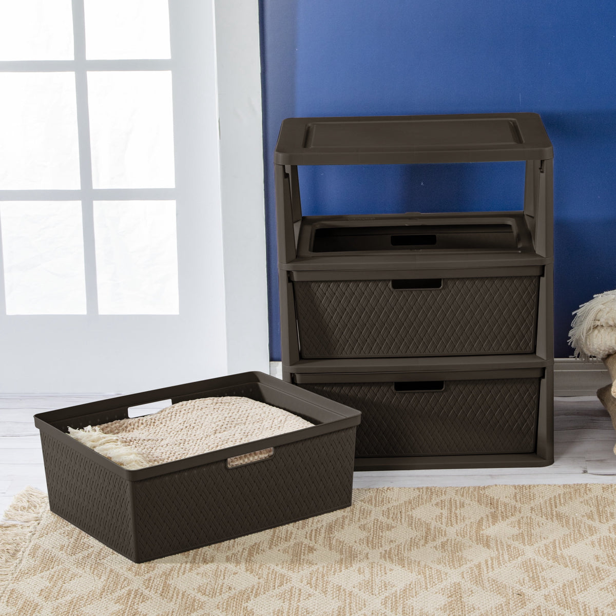 (2 pack) Sterilite Wide 3 Drawer Tower, Plastic Storage Organizer with Removable Decorative Bins, Easy Assembly, No Tools Needed, Brown