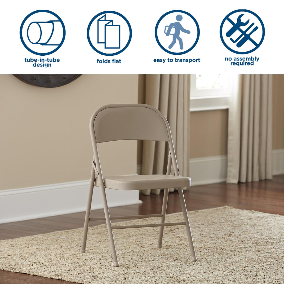 Mainstays All-Steel Metal Folding Chair, Beige, Set of 4