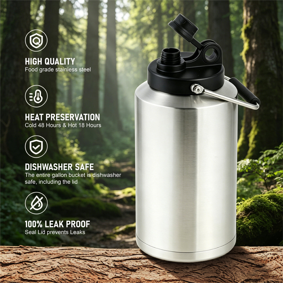 Ozark Trail 1 Gallon 128 Oz Stainless Steel Vacuum Insulated Water Jug with Handle, Flip Spout, Silver
