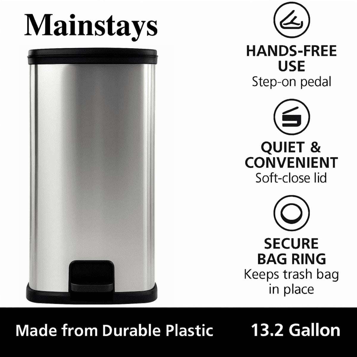 Mainstays 13.2 Gallon Plastic Step Trash Can with Lid, Silver