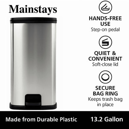 Mainstays 13.2 Gallon Plastic Step Trash Can with Lid, Silver