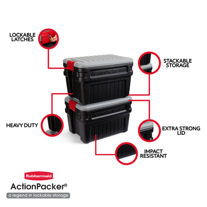 Rubbermaid 24 Gallon Action Packer Storage Bin, Heavy Duty Plastic, Lockable, Black, Included Lid