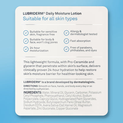 (3 pack) Lubriderm Daily Moisture Body Lotion + Pro-Ceramide, Fragrance Free, 24 Fl oz