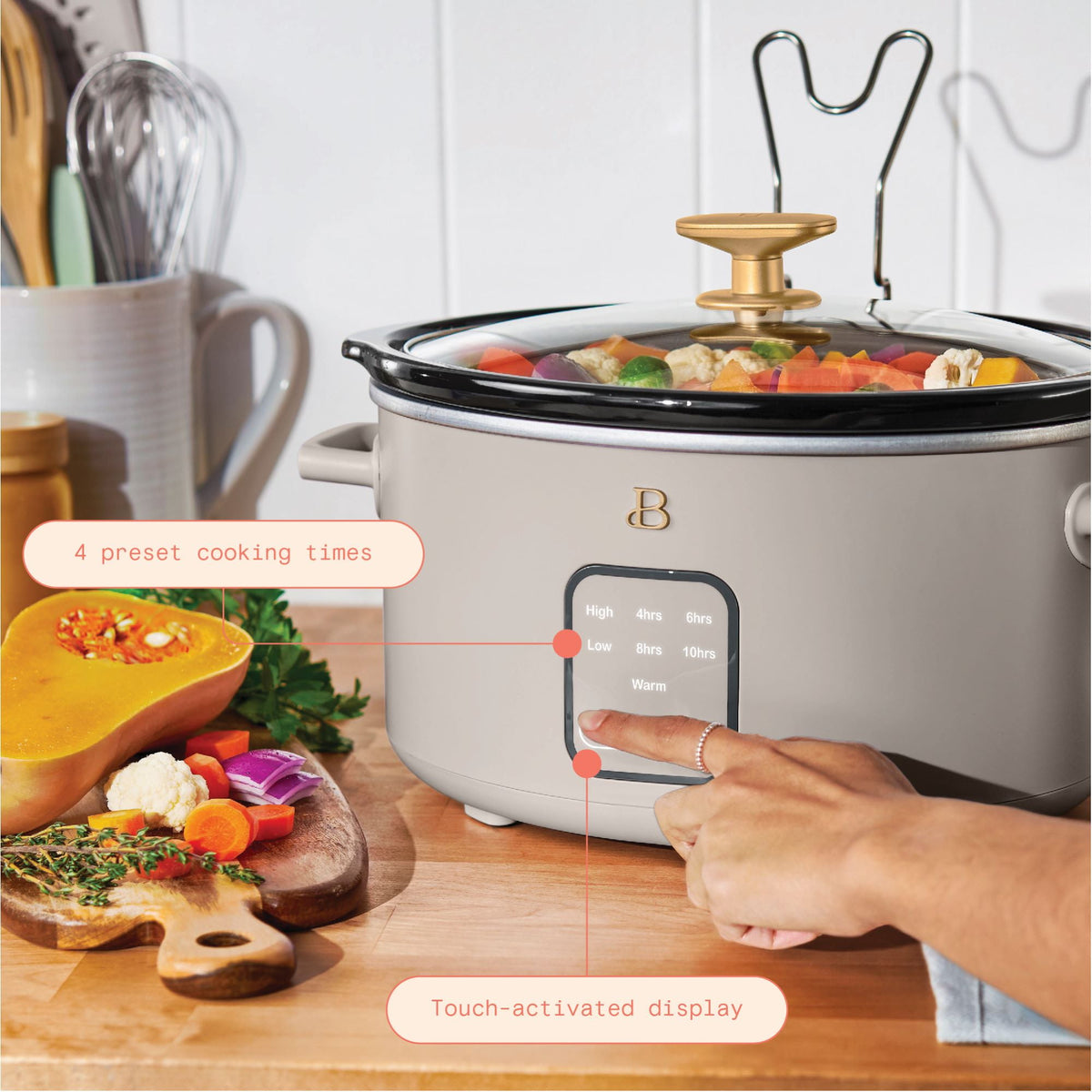Beautiful 4Qt Slow Cooker with Touch-Activated Display, Porcini Taupe by Drew Barrymore