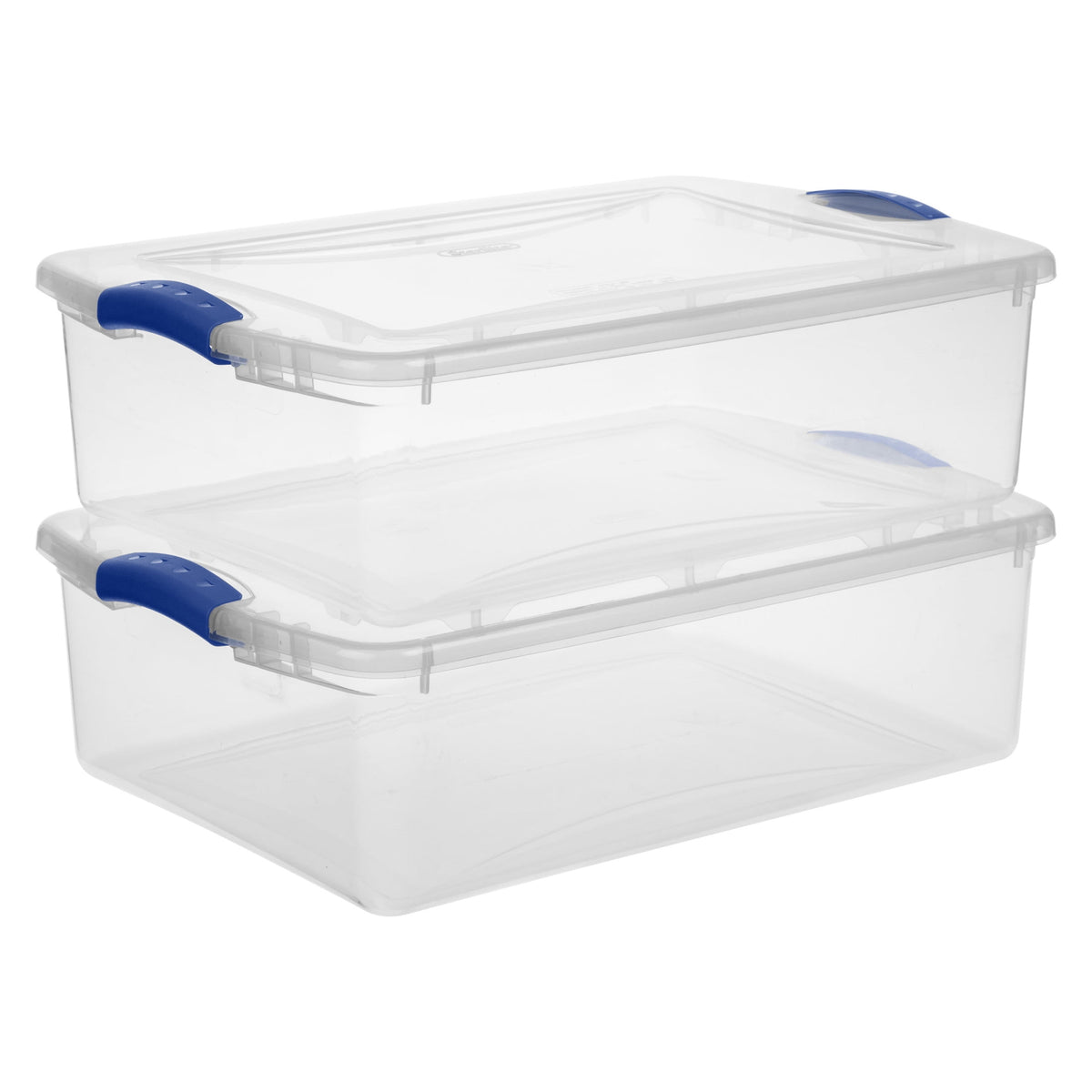 Sterilite Latching Storage Bin, 32 Quart Clear Plastic Storage Container with Latch Lid, Blue, 6 Pack