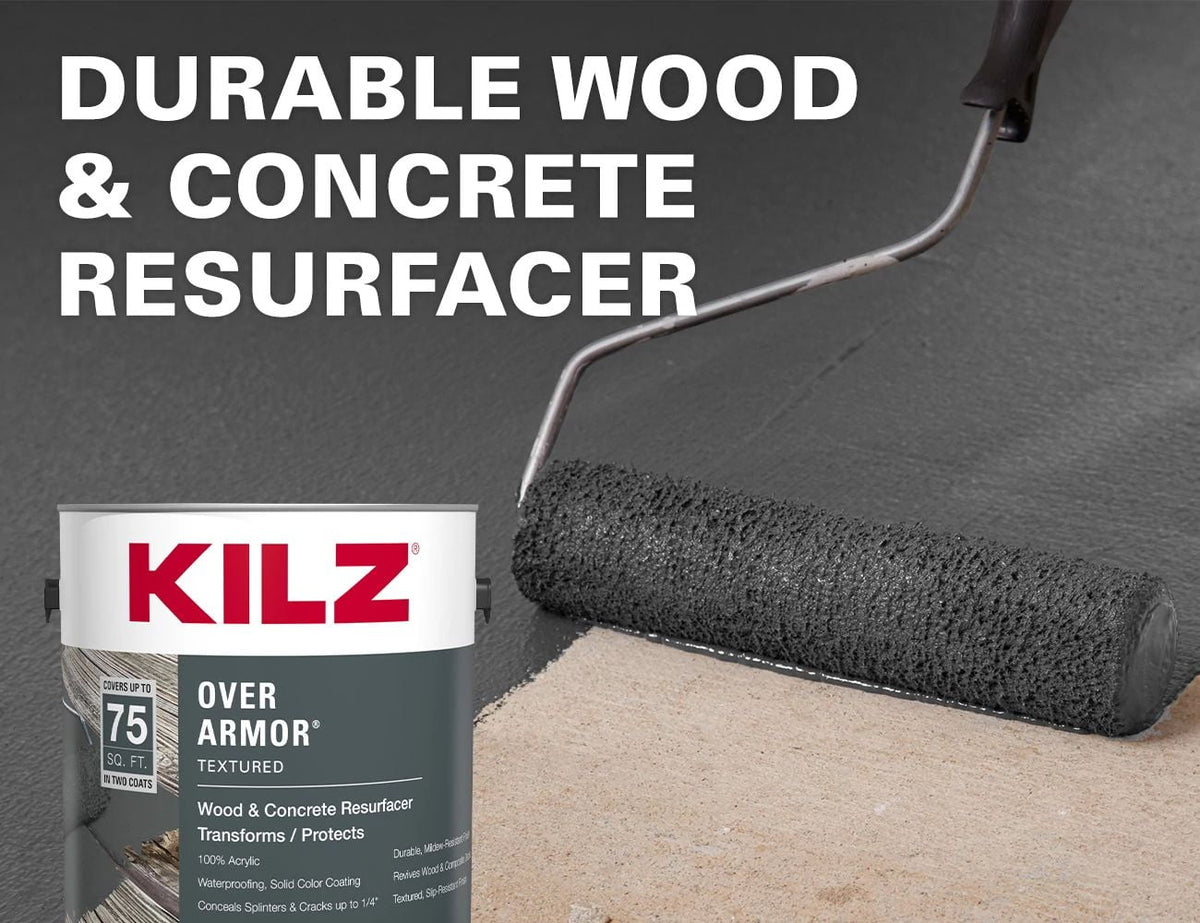 KILZ Over Armor Wood & Concrete Solid Coating Resurfacer, Exterior, Textured, Slate Gray, 1 Gallon