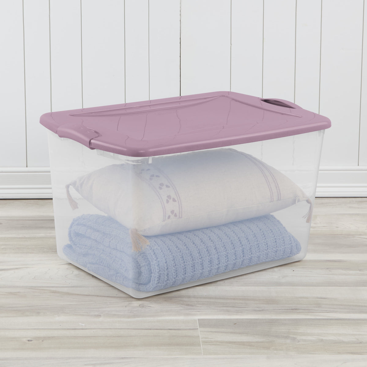 Sterilite Large Latching Storage Bin, 66 Quart Clear Plastic Storage Container with Latch Lid, Purple, 6 Pack