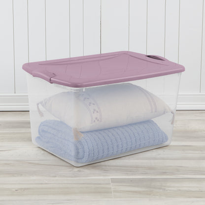 Sterilite Large Latching Storage Bin, 66 Quart Clear Plastic Storage Container with Latch Lid, Purple, 6 Pack