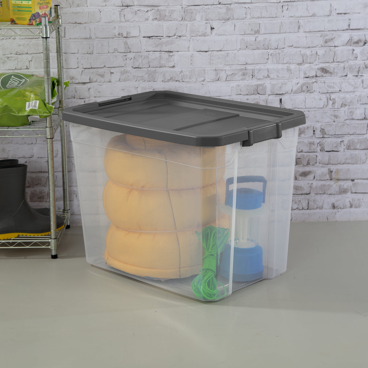 Sterilite Extra Large Stackable Storage Bin, 108 Quart Durable Clear Plastic Storage Container with Latch Lid, Dark Gray, 4 Pack