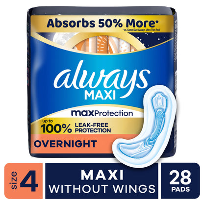 (6 pack) Always Maxi Pads without Wings, Size 4, Overnight Absorbency, 28 count