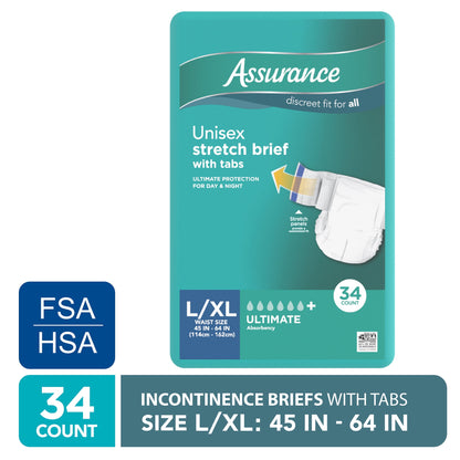 (2 pack) Assurance Unisex Stretch Briefs with Tabs, L/XL, 34 Count