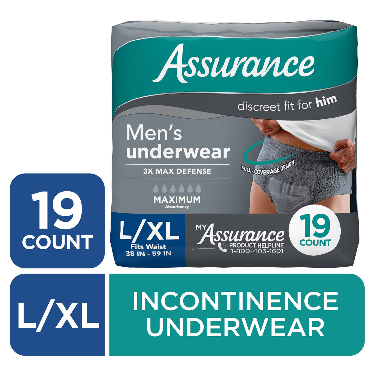 Assurance Men's Incontinence Underwear, Large/Extra Large, Maximum Absorbency, 72 Count
