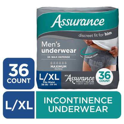 Assurance Men's Incontinence Underwear, Large/Extra Large, Maximum Absorbency, 72 Count