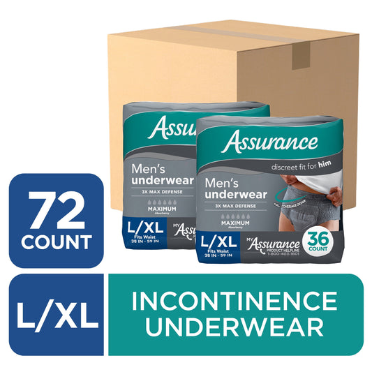 Assurance Men's Incontinence Underwear, Large/Extra Large, Maximum Absorbency, 72 Count