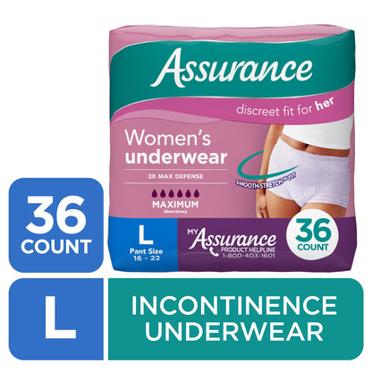 Assurance Women's Incontinence and Postpartum Underwear, L, Maximum Absorbency, 72 Count