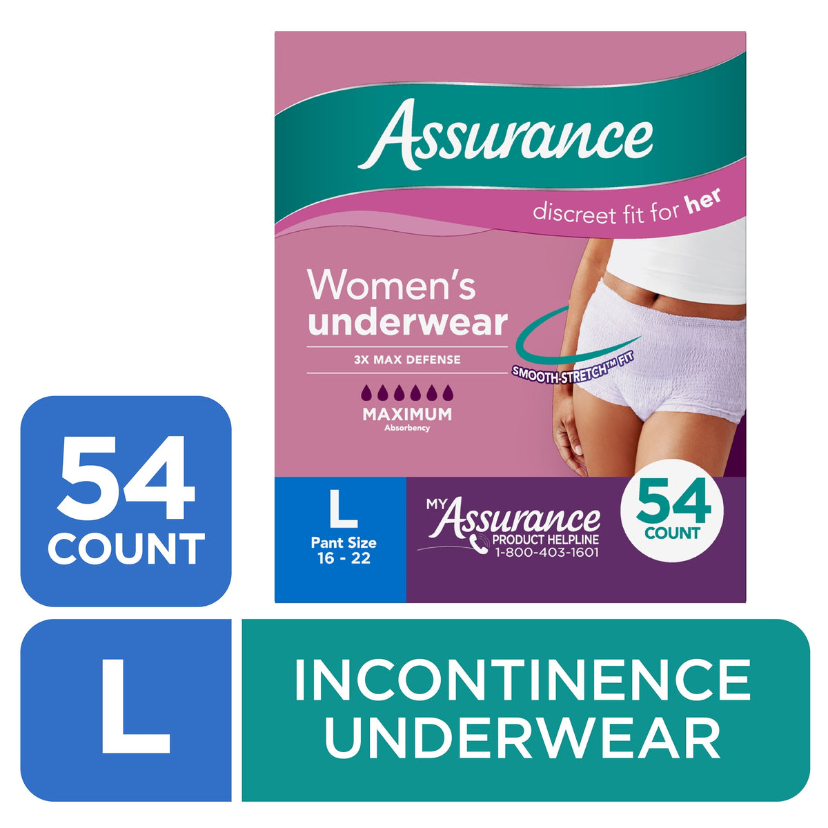 Assurance Women's Incontinence and Postpartum Underwear, L, Maximum Absorbency, 72 Count