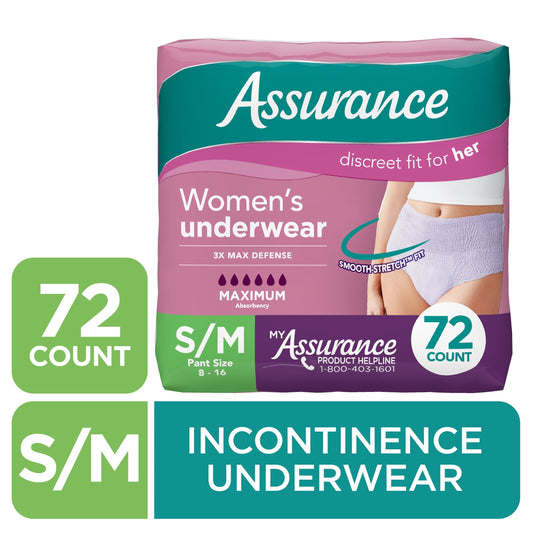 Assurance Women's Incontinence & Postpartum Underwear, Maximum Absorbency, S/M, 72 Count