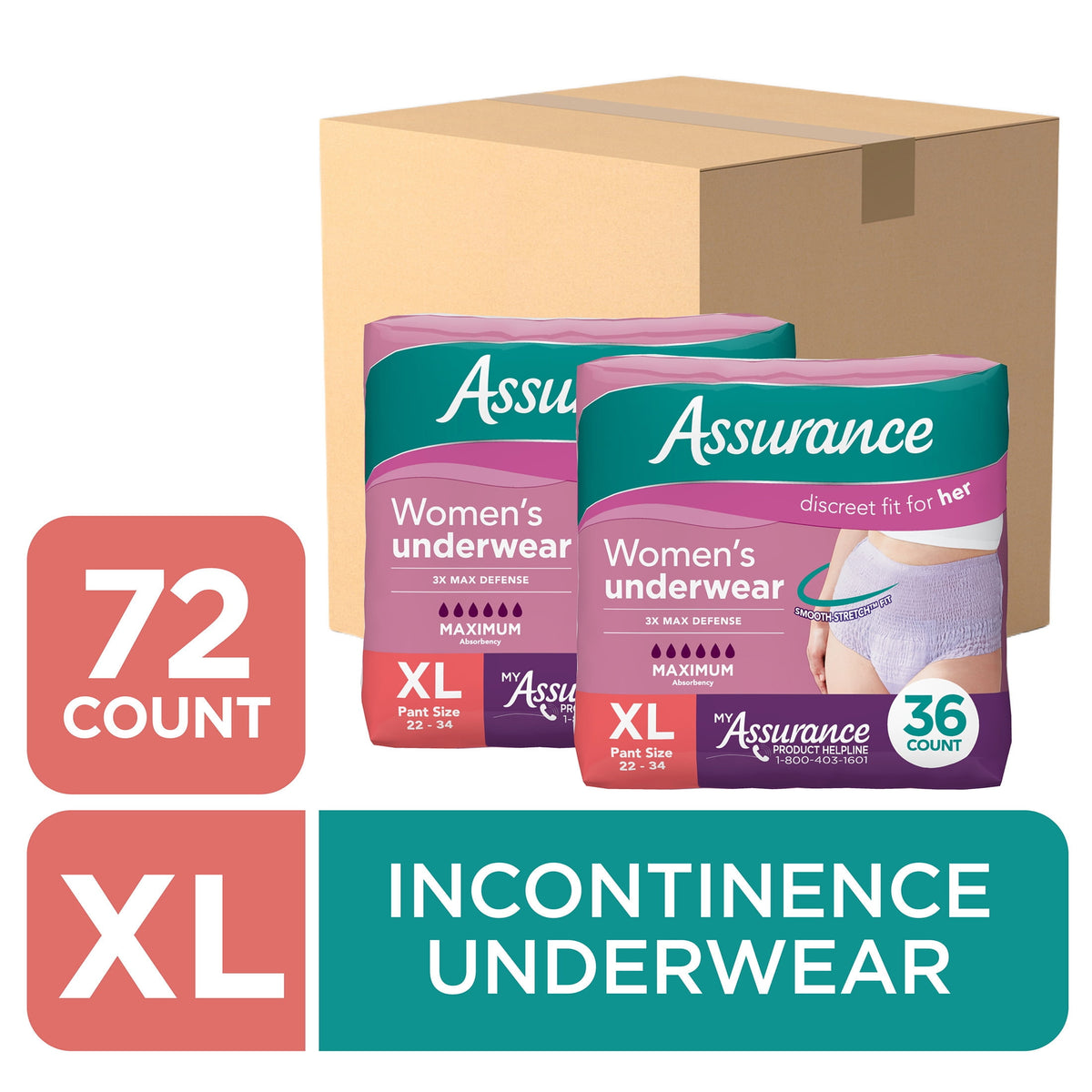 Assurance Women's Incontinence & Postpartum Underwear, X-Large , Maximum Absorbency, 72 Count