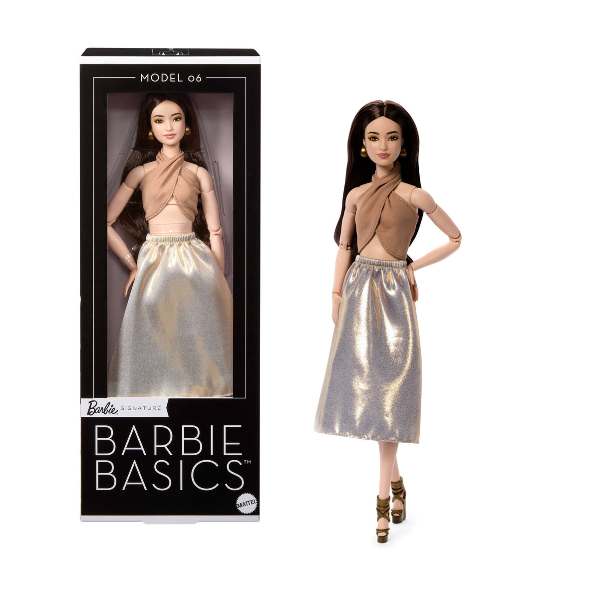 Barbie Basics Collectible Doll, Model 06 with Brunette Hair in Shimmery Golden Skirt & Halter