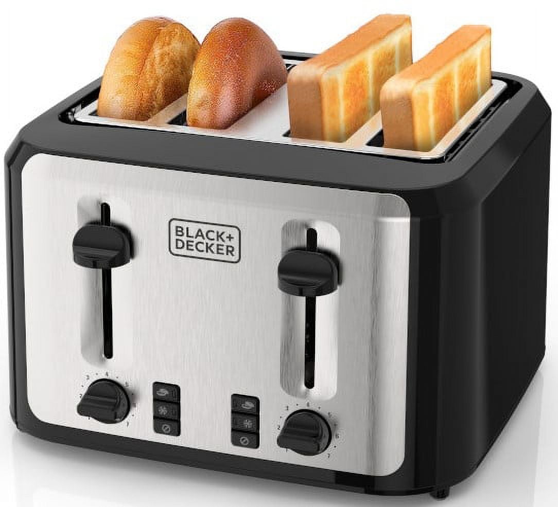 BLACK+DECKER Black/Silver 4‑Slice Toaster with Extra‑Wide Slots, 7 Adjustable Shade Settings, High‑Lift Lever & Drop‑Down Crumb Tray