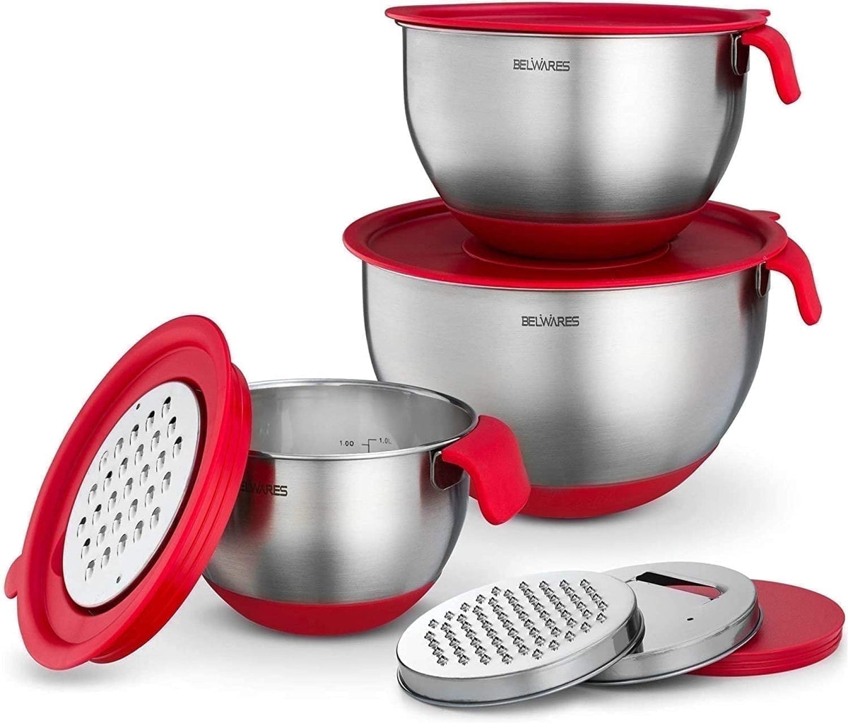 Mixing Bowls with Lids Set of 3, Stainless Steel Nesting Bowls with Red Airtight Lids, Graters, Non-Slip Base and Handles, Bowl Set for Prep, Mixing, and Food Storage