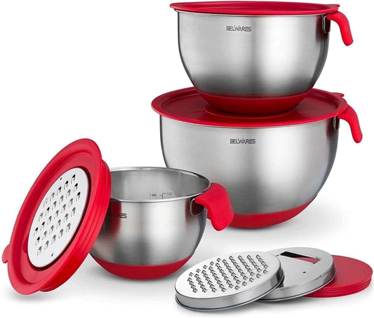 Mixing Bowls with Lids Set of 3, Stainless Steel Nesting Bowls with Red Airtight Lids, Graters, Non-Slip Base and Handles, Bowl Set for Prep, Mixing, and Food Storage