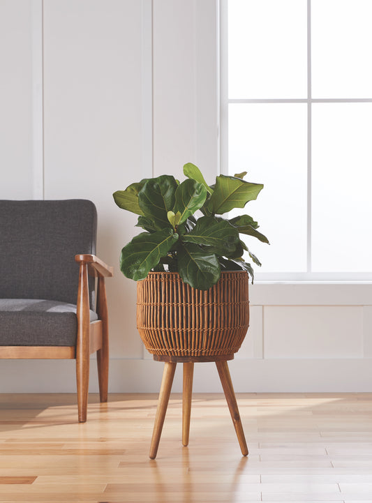 Better Homes & Gardens 13 in Round Brown Resin Rattan Planter & Stand with Acacia Wood Legs