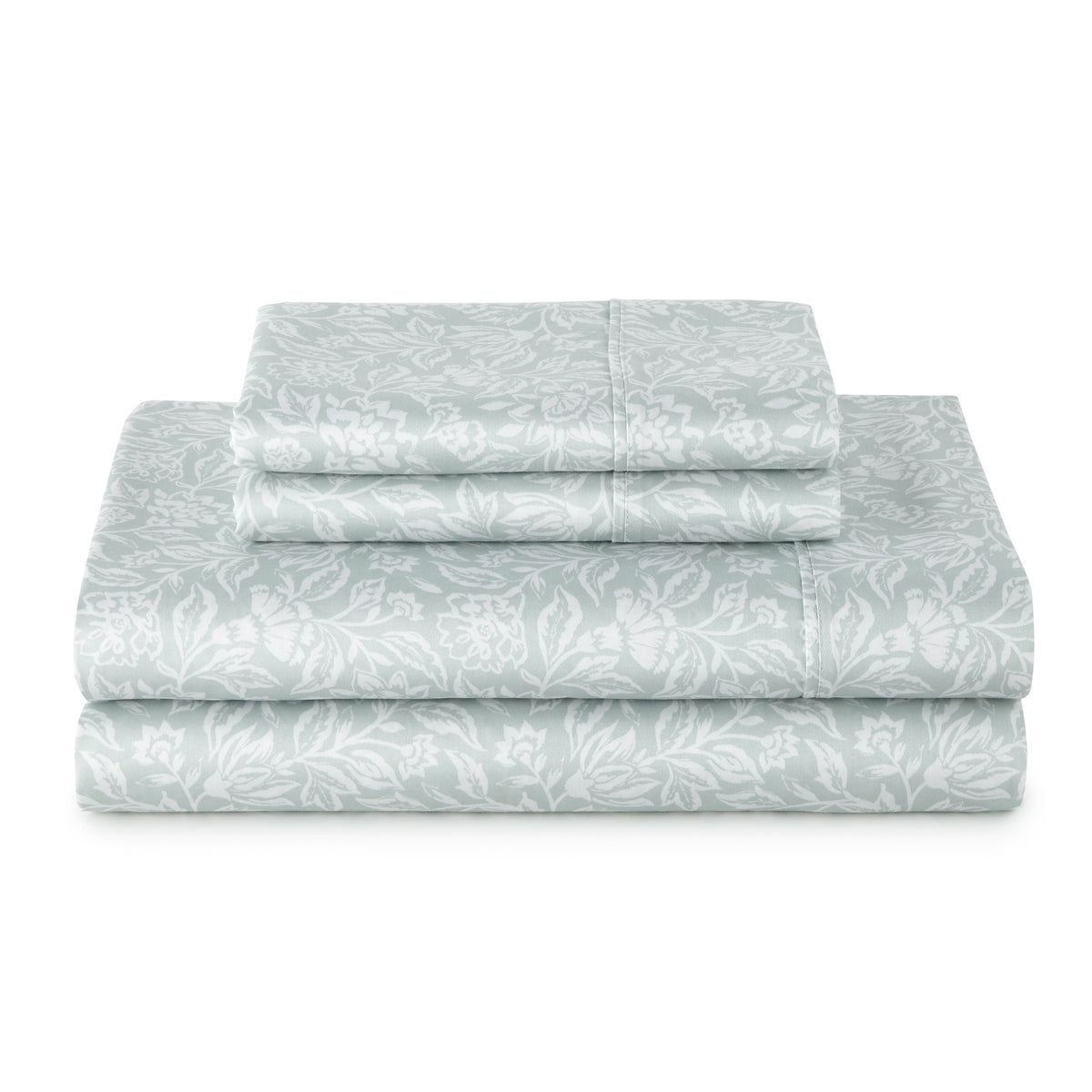Better Homes & Gardens 4-Piece 300 Thread Count Lysia Floral Green River Cotton Sateen Bed Sheet Set, Queen
