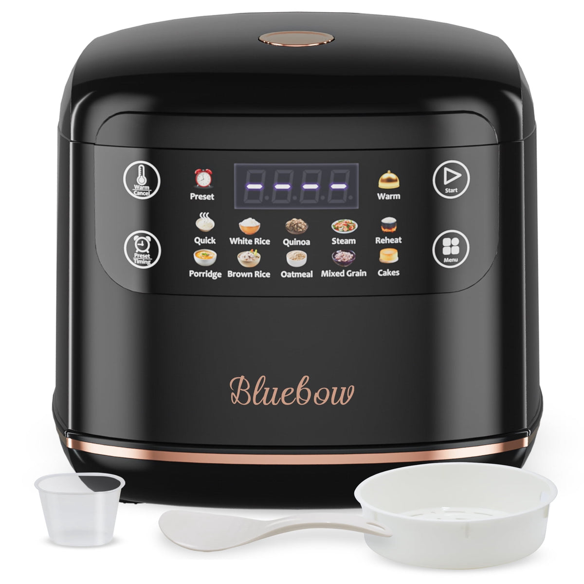 Bluebow Digital Rice Cooker, 6-Cup/2.1QT Small Rice Maker, 10 Presets, 24-Hour Delay Timer & Keep Warm, Non-Stick Inner Pot, White