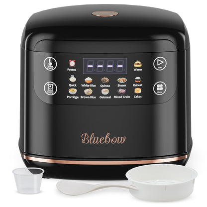 Bluebow Digital Rice Cooker, 6-Cup/2.1QT Small Rice Maker, 10 Presets, 24-Hour Delay Timer & Keep Warm, Non-Stick Inner Pot, White