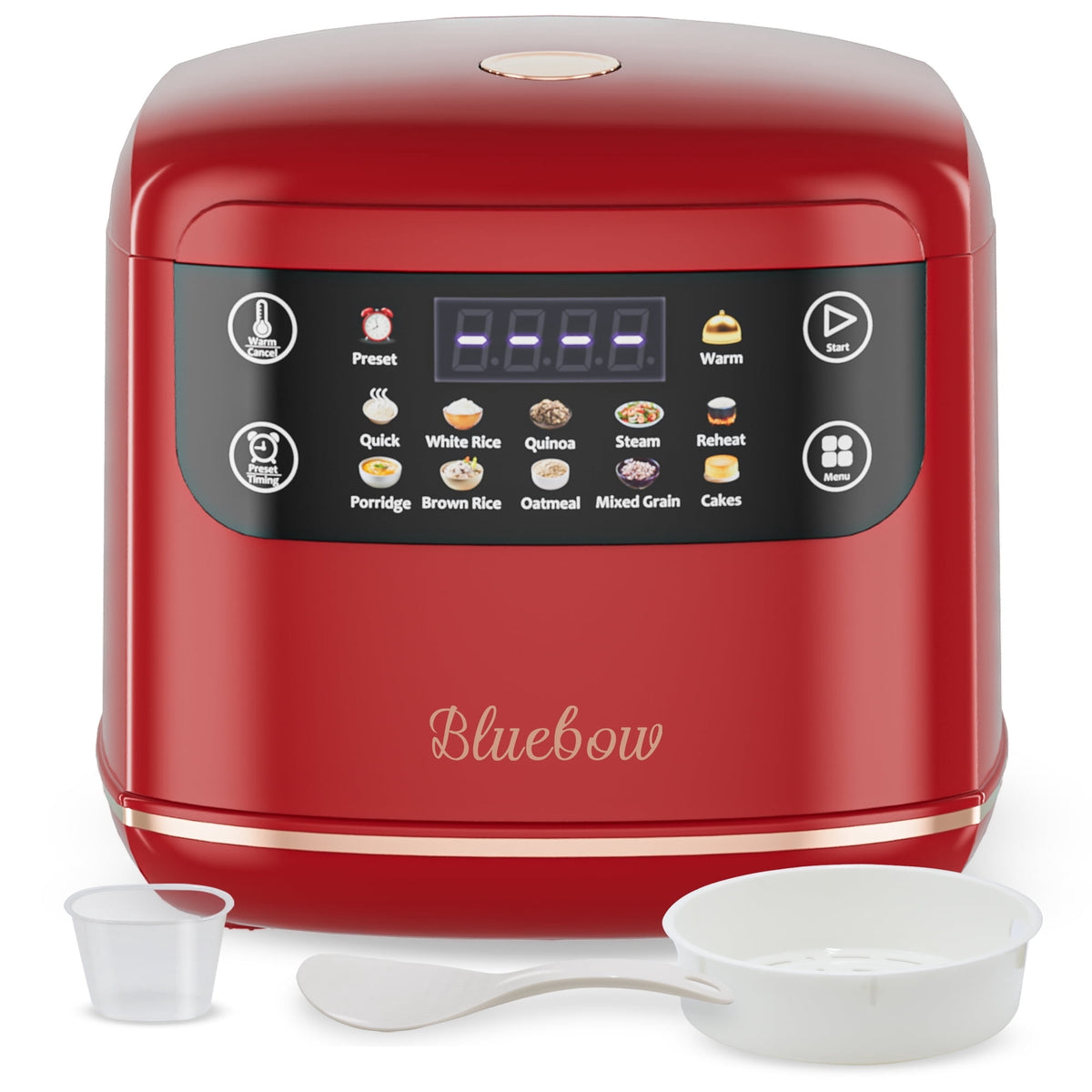 Bluebow Digital Rice Cooker, 6-Cup/2.1QT Small Rice Maker, 10 Presets, 24-Hour Delay Timer & Keep Warm, Non-Stick Inner Pot, White
