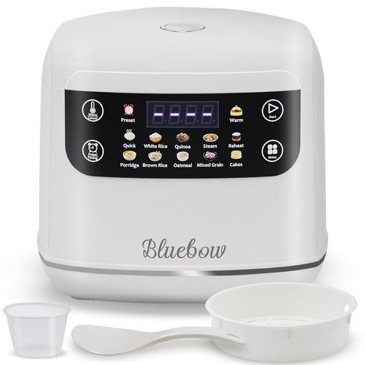 Bluebow Digital Rice Cooker, 6-Cup/2.1QT Small Rice Maker, 10 Presets, 24-Hour Delay Timer & Keep Warm, Non-Stick Inner Pot, White