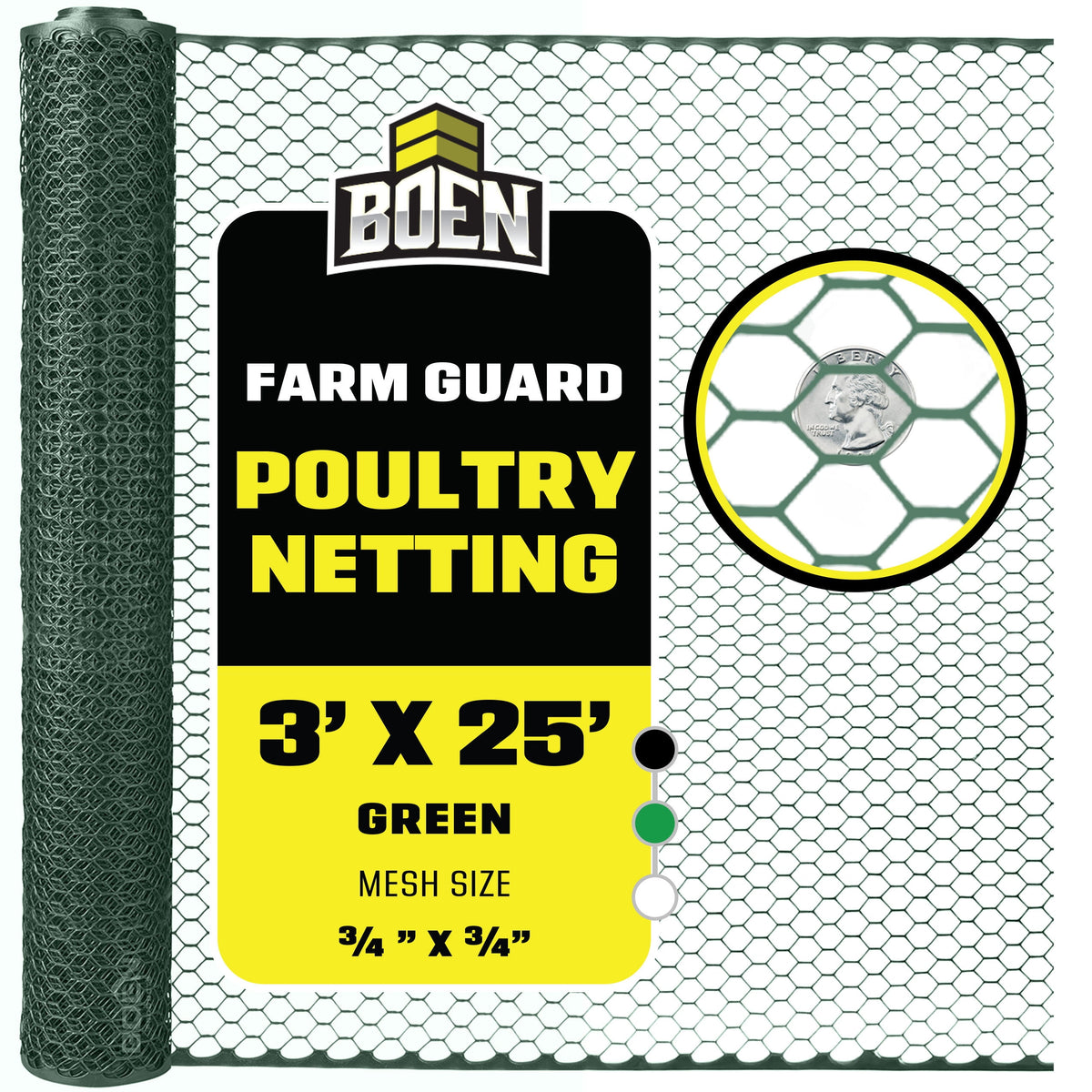 Boen - Plastic Hex Chicken Wire Mesh Temporary Fence Roll (4' x 75' - Black) - Plastic Fence Poultry Netting for Temporary or Semi Permanent Enclosures, Deer Netting Fence, Construction Fencing