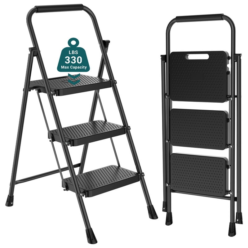 CONCETTA 3 Step Ladder, Folding Steel Step Stool with Wide Non-Slip Pedals, Safety Lock and Hand Grip, 330 lb Capacity, Portable Ladder for Home, Kitchen and Garage,Black