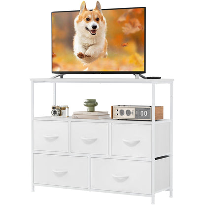 CONCETTA TV Stand Dresser with 5 Fabric Drawers and Open Shelving, Multi-functional Storage Unit Fits TV up to 45 inches for Bedroom Living Room Hallway, Black