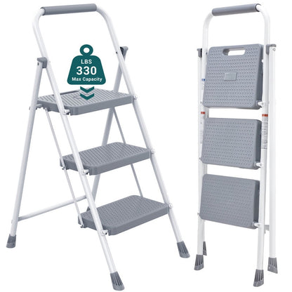 CONCETTA 3 Step Ladder, Folding Steel Step Stool with Wide Non-Slip Pedals, Safety Lock and Hand Grip, 330 lb Capacity, Portable Ladder for Home, Kitchen and Garage,Black