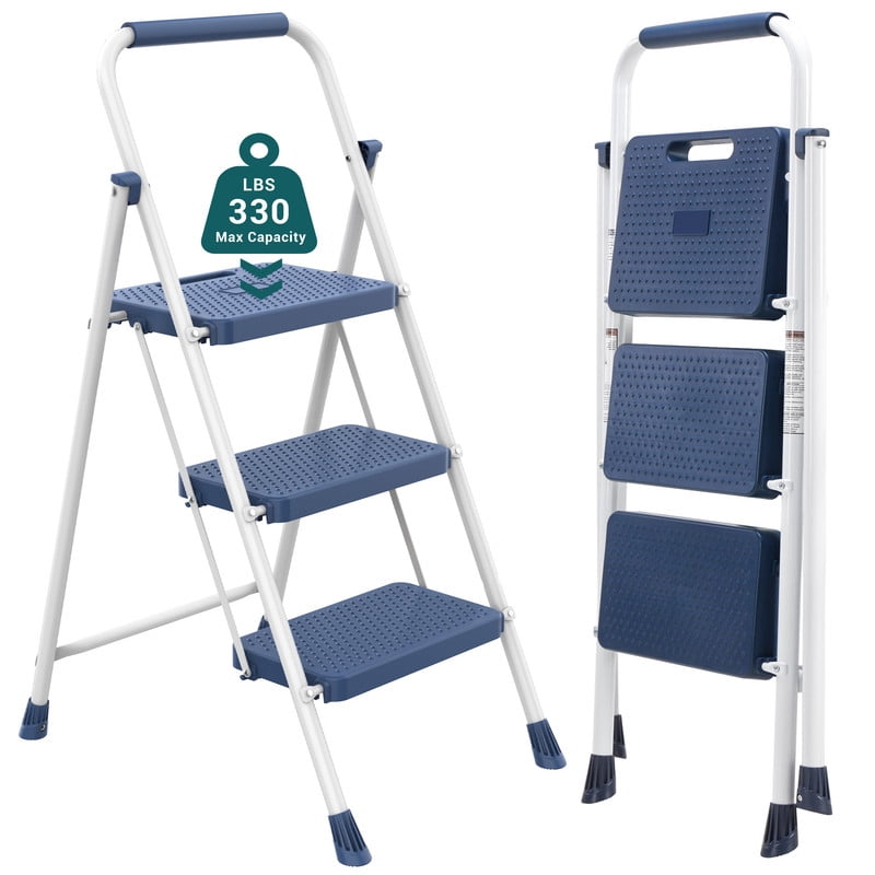 CONCETTA 3 Step Ladder, Folding Steel Step Stool with Wide Non-Slip Pedals, Safety Lock and Hand Grip, 330 lb Capacity, Portable Ladder for Home, Kitchen and Garage,Black