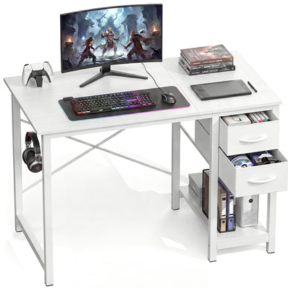 CONCETTA 40in Small Computer Desk with 2 Drawers, Side Headphone Hook, Writing Work Study Desk for Home, Rust Brown