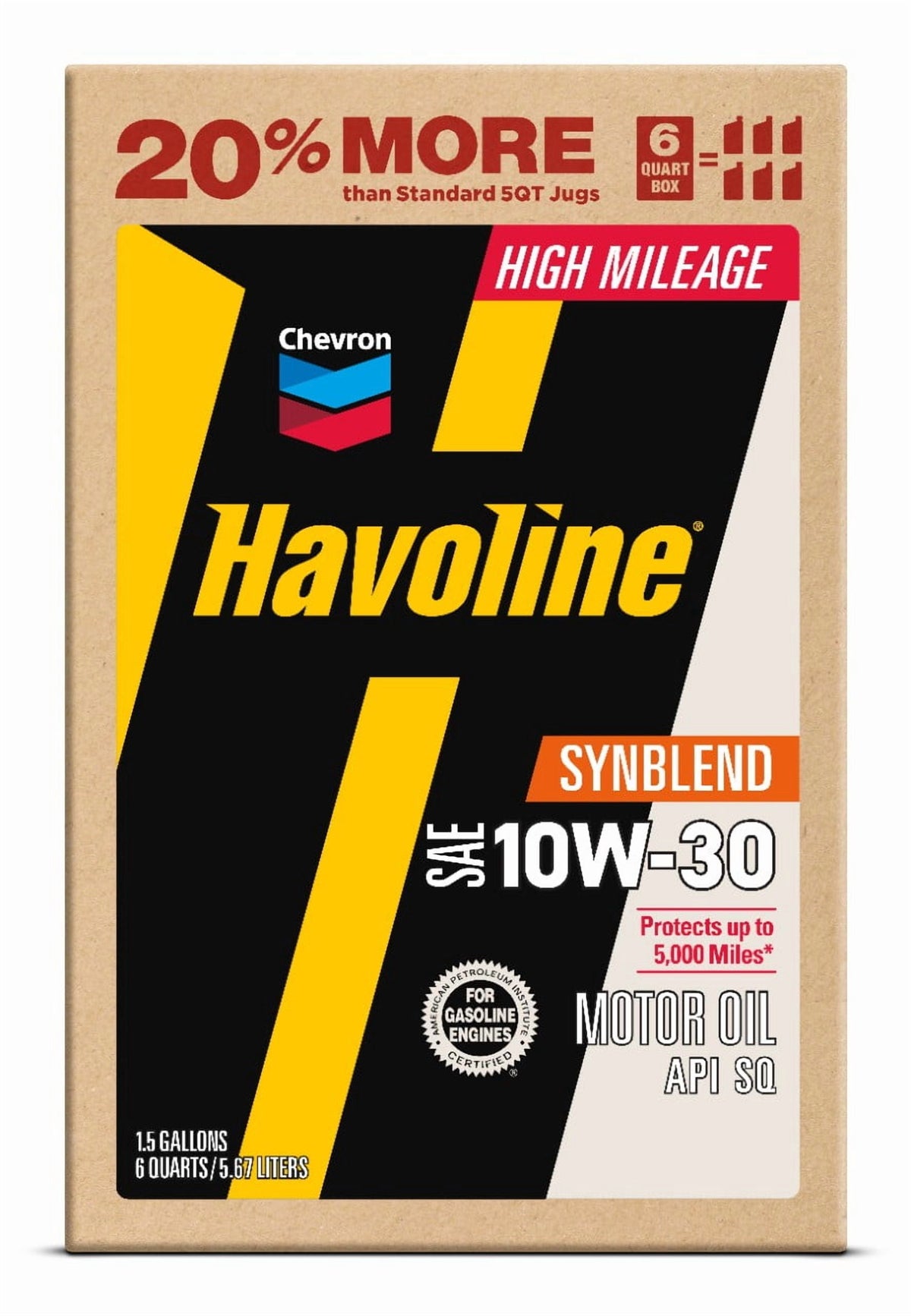 (2 pack) Chevron Havoline High Mileage Synthetic Technology Motor Oil 10W-30, 6 Quart Smart Change Box