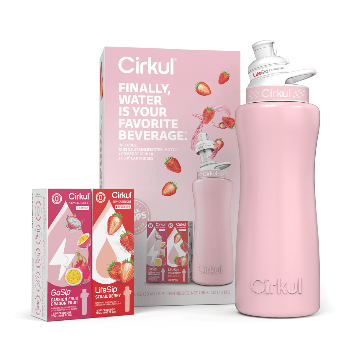 Cirkul 32oz Chameleon Stainless Steel Starter Kit with Chameleon Cirkul Lid 2.0 and 2 Flavor Cartridges (Blackberry Blueberry & Berry Blue Punch)