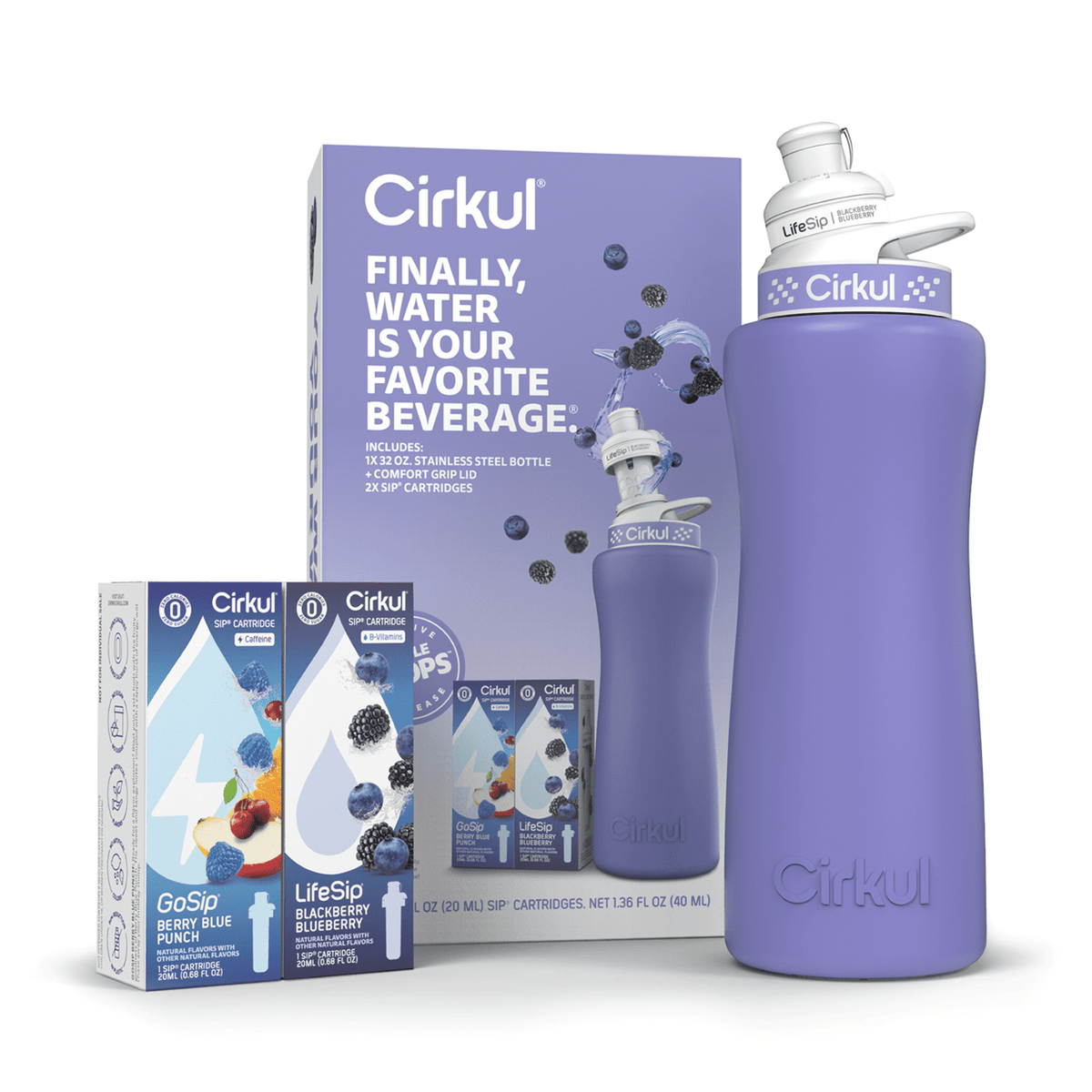 Cirkul 32oz Chameleon Stainless Steel Starter Kit with Chameleon Cirkul Lid 2.0 and 2 Flavor Cartridges (Blackberry Blueberry & Berry Blue Punch)