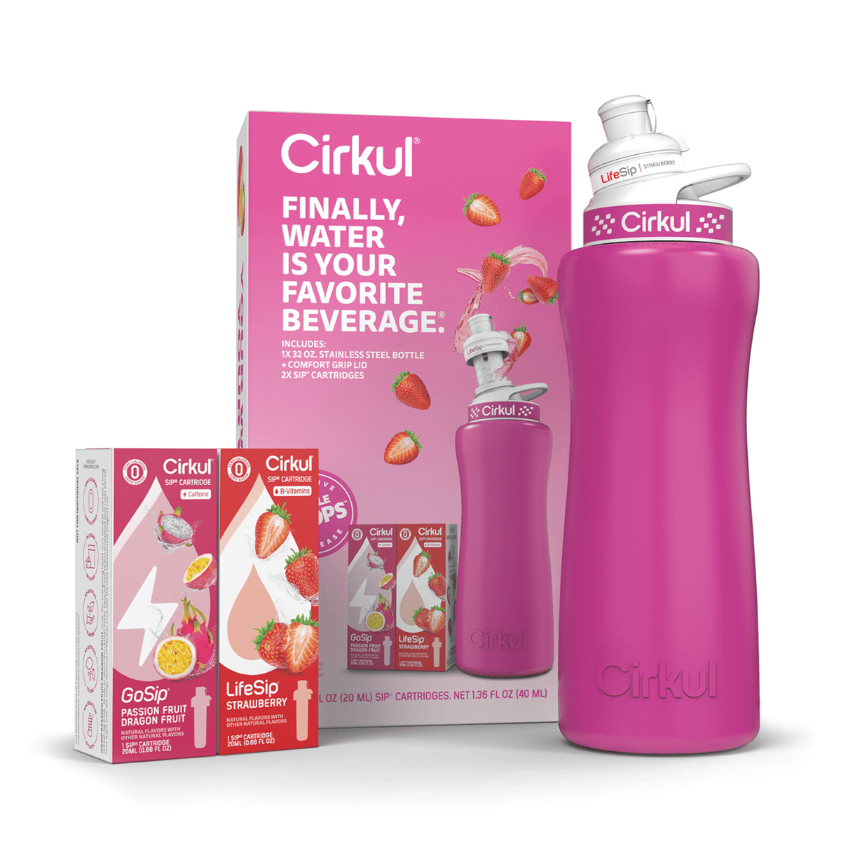 Cirkul 32oz Chameleon Stainless Steel Starter Kit with Chameleon Cirkul Lid 2.0 and 2 Flavor Cartridges (Blackberry Blueberry & Berry Blue Punch)