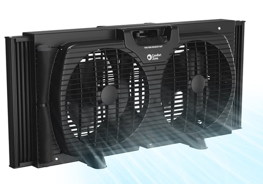 Comfort Zone 9" Twin Window Fan with Quiet Setting, 3-Speeds, Auto-Locking Expanders, Black