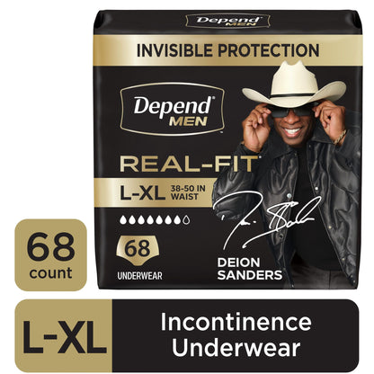 Depend Real Fit Incontinence Underwear for Men, Adult Diapers, L/XL, Black, 52 Count