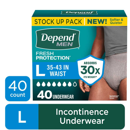 Depend Fresh Protection Incontinence Underwear for Men, Adult Diapers, L (40 Count)