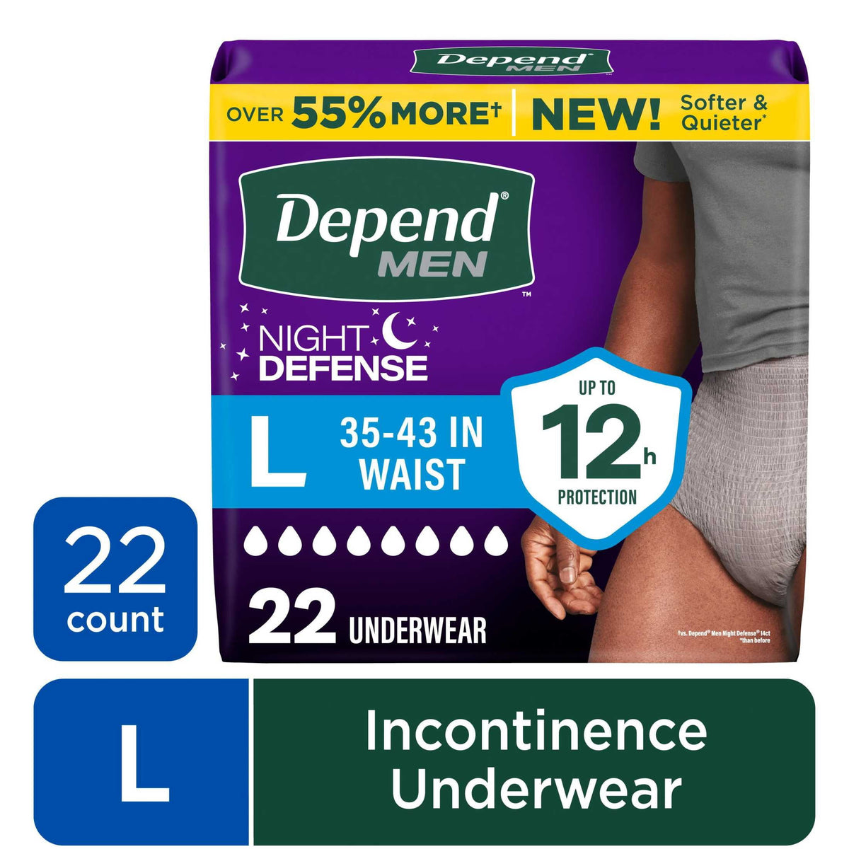 Depend Night Defense Incontinence Underwear for Men, Adult Diapers, L (56 Count)